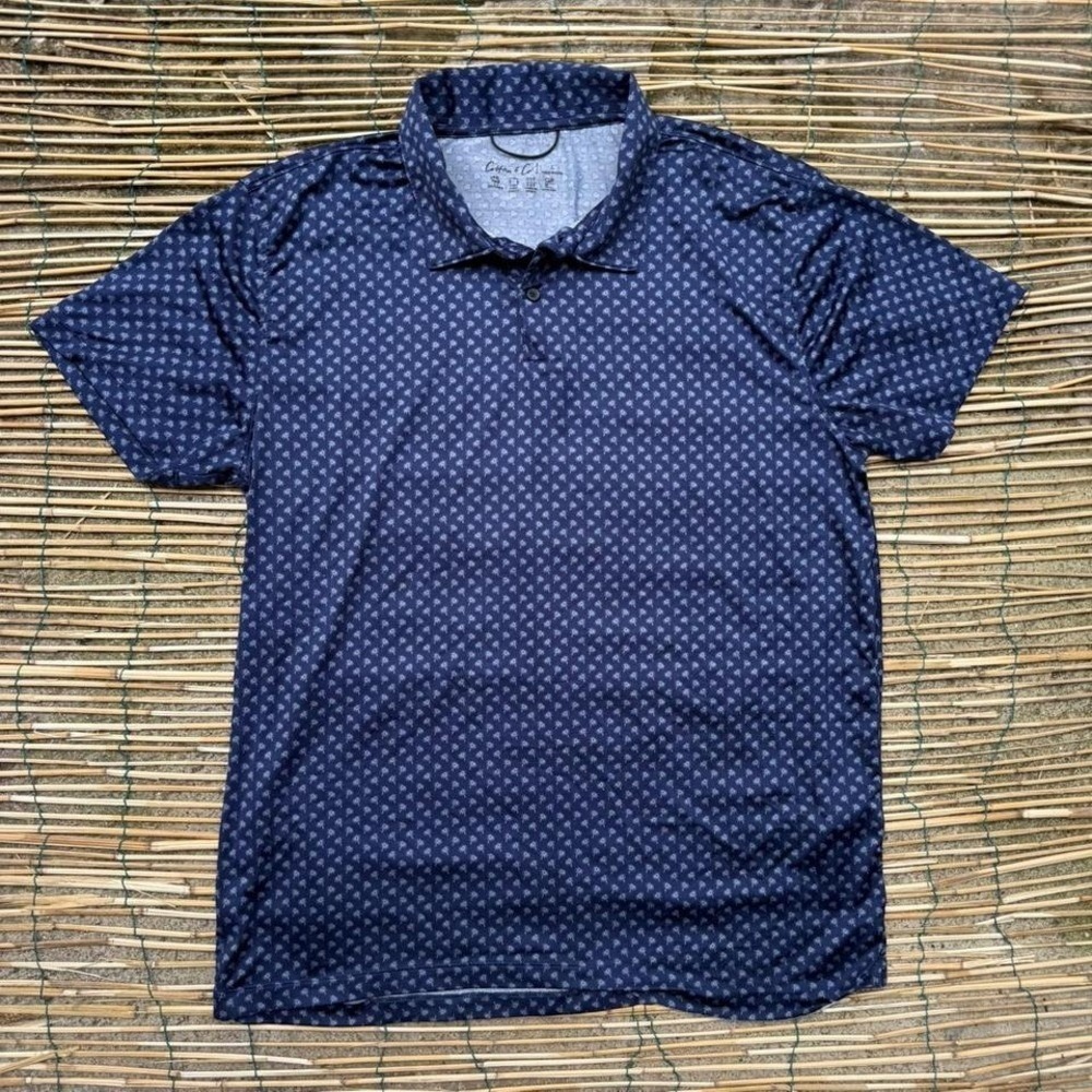 Cotton & Co Navy Blue Palm Tree Print Golf Polo Shirt Men's Size Large Summer